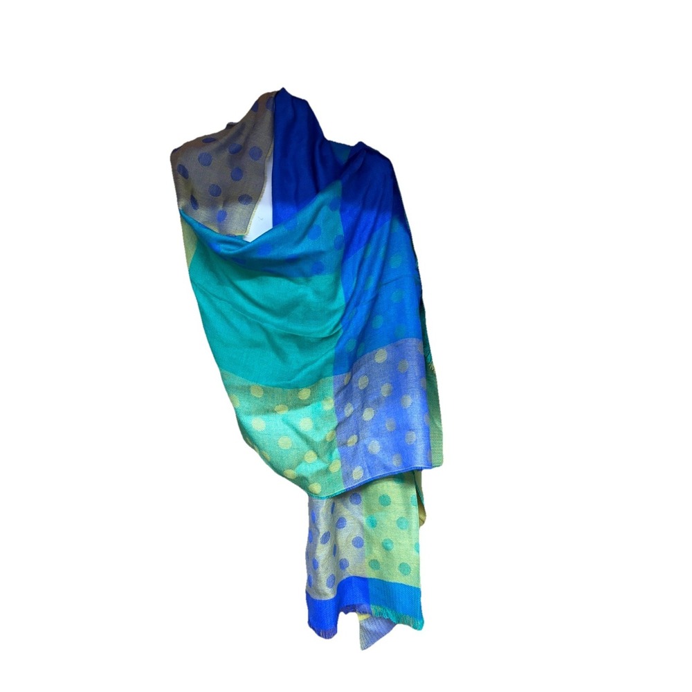 Artesania‎ Peru Baby Alpaca Silk Shawl Wrap Blue Green Polka Dot Fringe Scarf - Picture 3 of 4